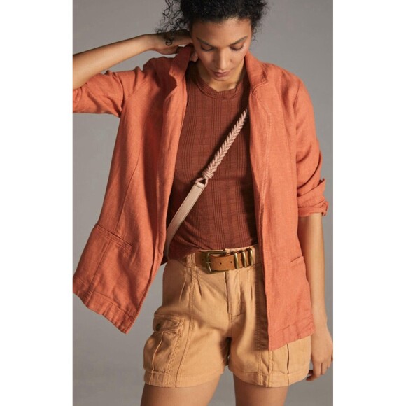 Anthropologie Women Blazer Linen Tulip Orange Cottagecore Preppy Jacket Sz 4 New
